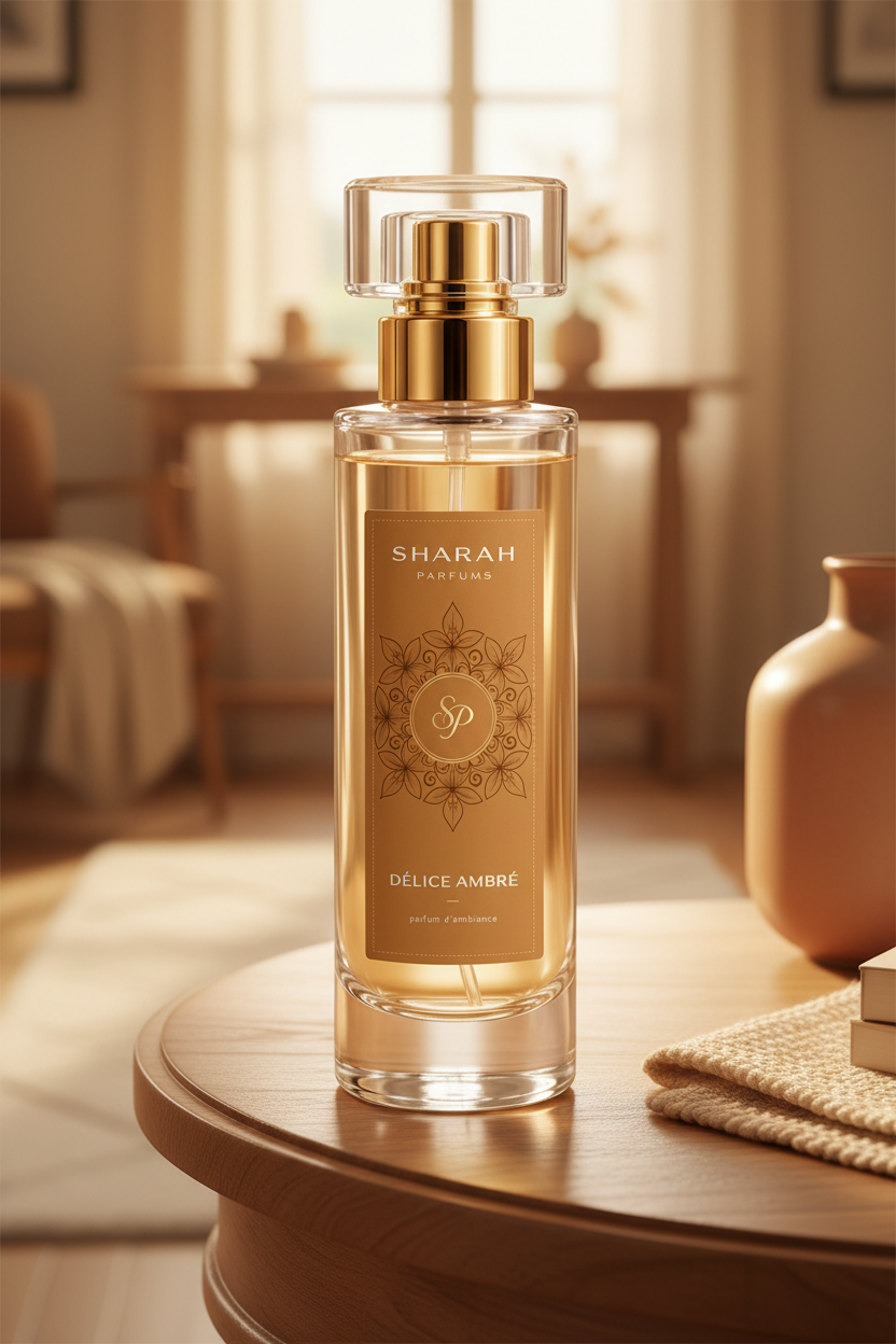 Parfum d’ambiance Délice Ambré 100 ml dans une entrée de maison chaleureuse
